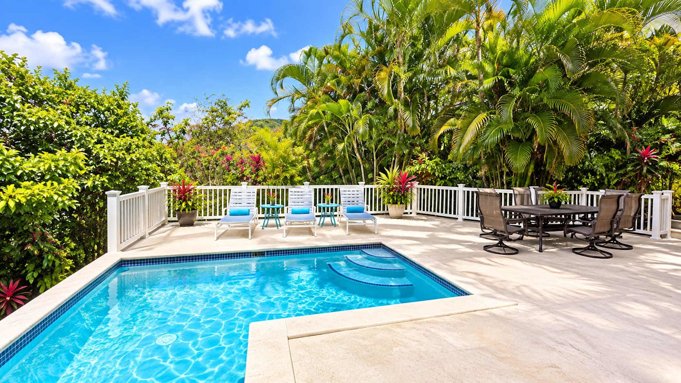 Pool and tropical terrace at Beyond A Dream in St. John